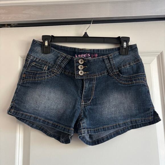 Y2K Angels Low Rise Denim Jean Shorts Dark Wash 3 Button Fly Vtg 2000s Sz 8 - Picture 1 of 5